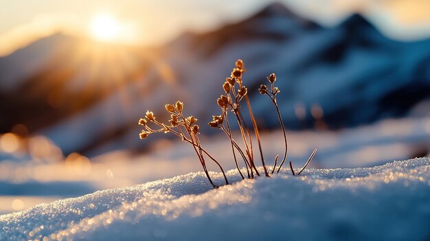 Single plant with brown seeds emerges from snow with sun rays in background hope concept