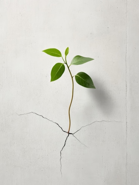 Photo a single plant with green leaves pushes through a crack in a concrete wall symbolizing resilie