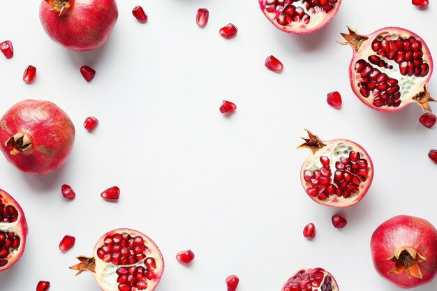 Single pomegranate on white background Top view with space for text Flat lay