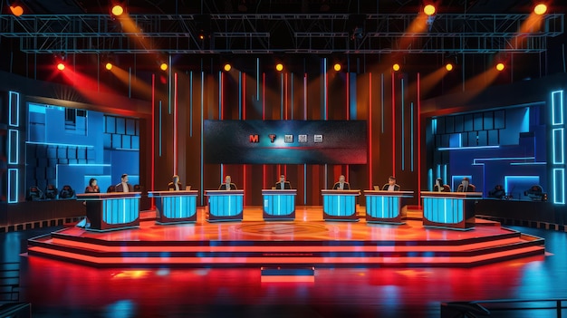 A single presenter and contestants sitting on a 3d stage for an indian quiz showone large led