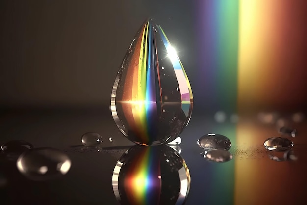 Single rain drop with rays of prism rainbow reflecting out clear and purify refreshness by nature