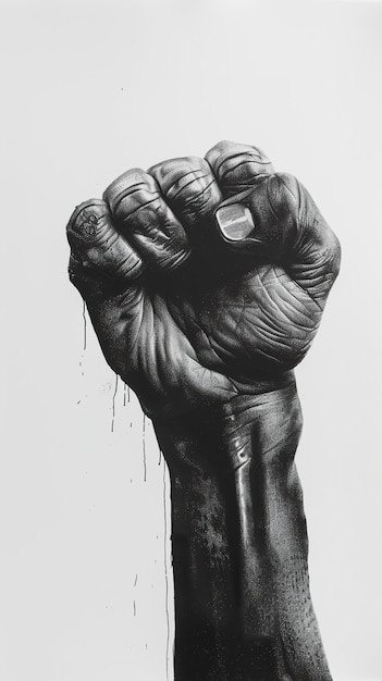 Photo a single raised fist drawn in black and white symbolizes power and resilience