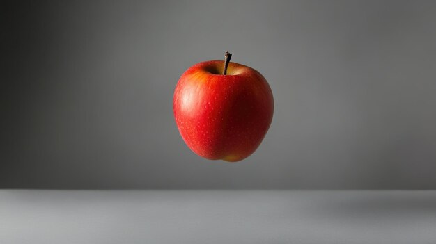 Photo a single red apple floating against a grey background