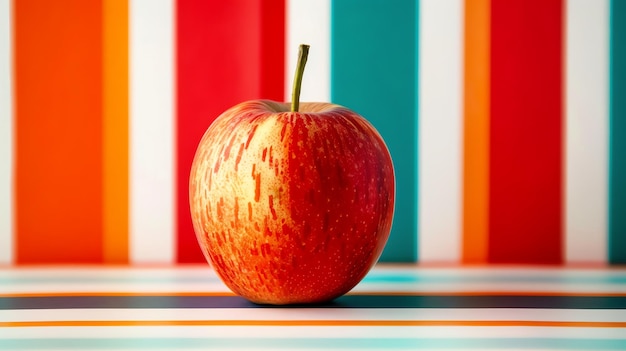 Photo a single red apple sits on a colorful striped table