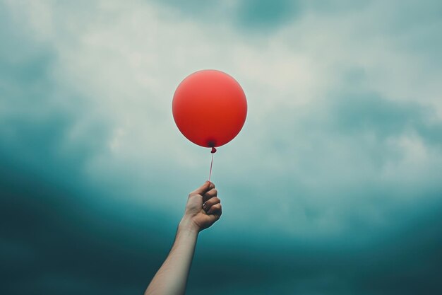 Photo a single red balloon held up against a cloudy sky