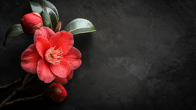 Single Red Camellia Blossom on Dark Background