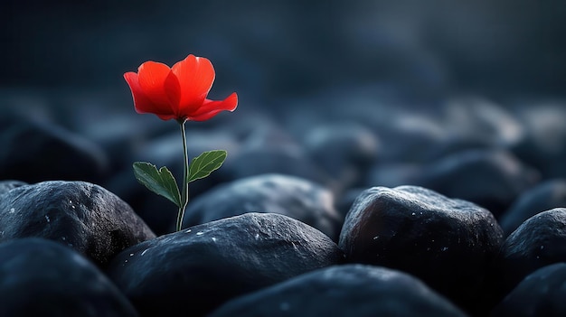 A single red flower blooms amidst a field of dark stones