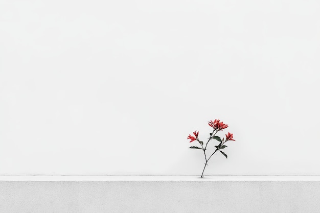 Photo a single red flower branch growing out of a white wall