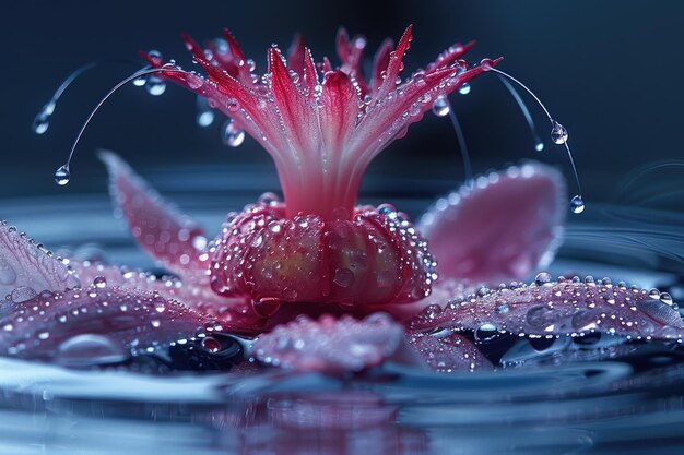 Photo a single red flower floating in water with water droplets