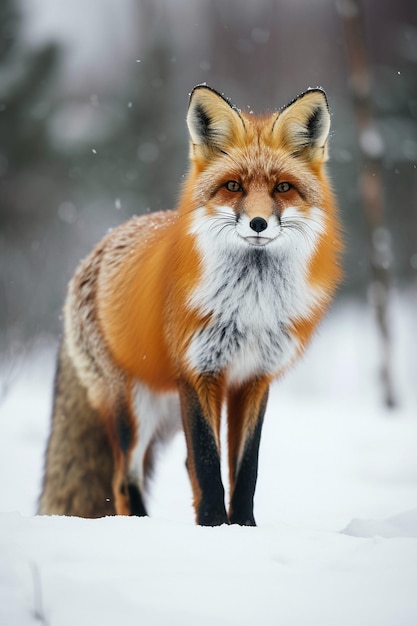 a single red fox in a snowy landscape