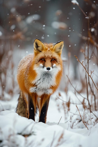 a single red fox in a snowy landscape