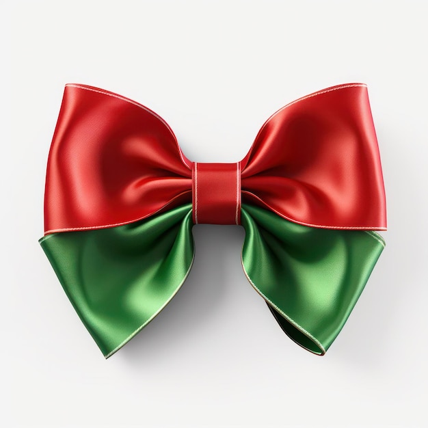 Single Red and green Ribbon Bow on Clean White Background