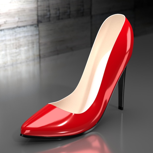 Single red high heel shoe with industrial concrete background