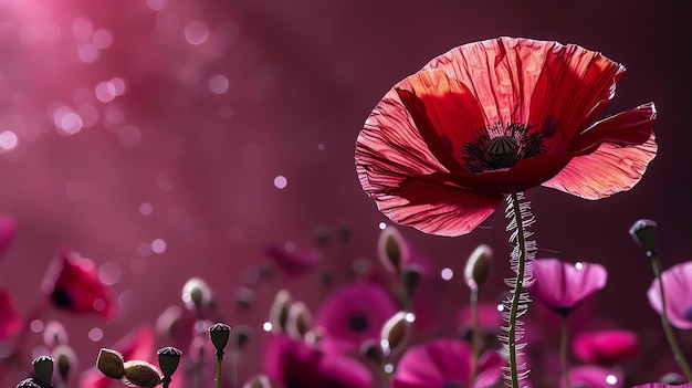 A single red poppy flower with its stem intertwined with the stripes of an American flag