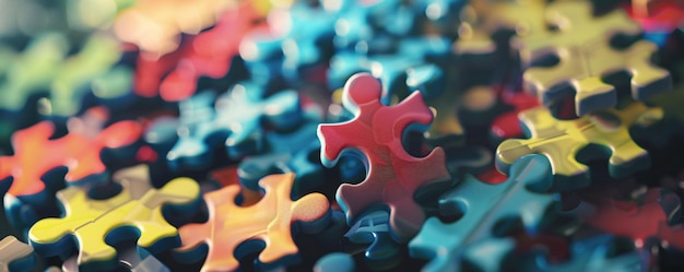 Single red puzzle piece stands out among a pile of vibrant puzzle pieces