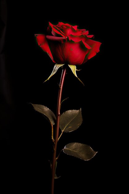 single red rose in black on a stem in the style of night photography realistic attention