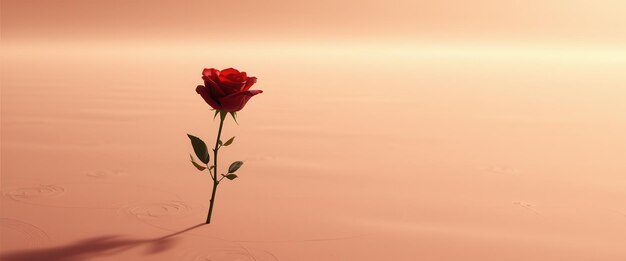 Photo single red rose emerging from ripples in a peachcolored surface