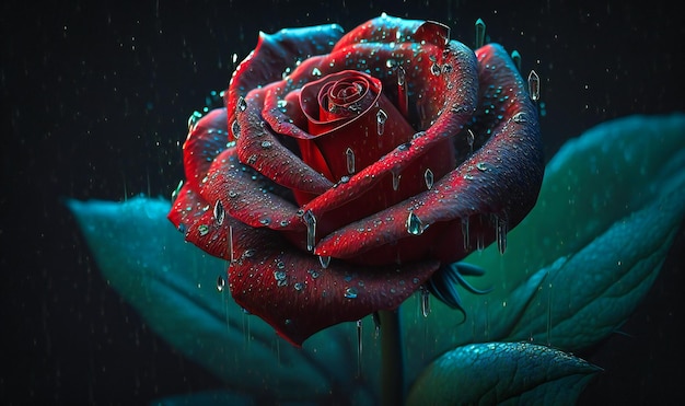 A single red rose its velvety petals glistening with dew drops on a dark background