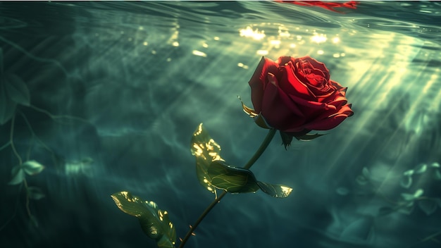 Photo a single red rose submerged underwater illuminated by a shaft of light