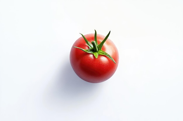 A Single Red Tomato with Green Stem on a White Background