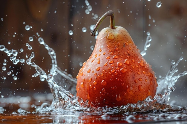 A single ripe pear splashes into a pool of water