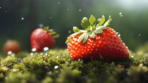 A single ripe strawberry resting on a bed of moss dewdrops clinging to its surface