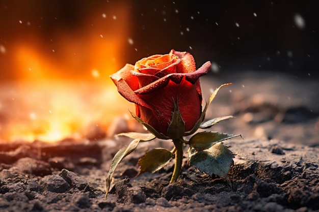 a single rose is in the dirt with a fire in the background