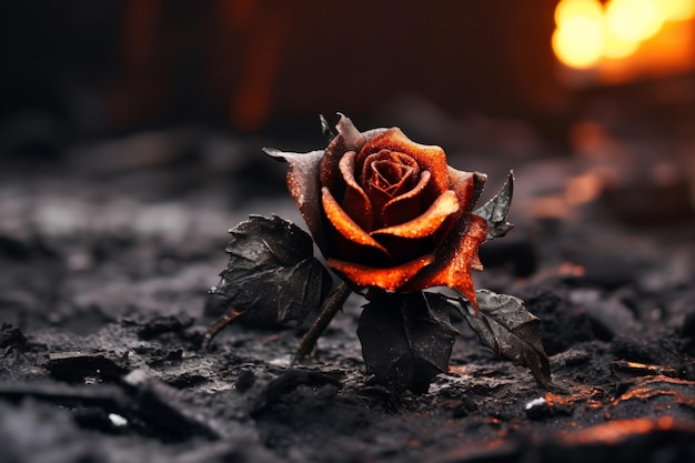 a single rose is in the dirt with a fire in the background