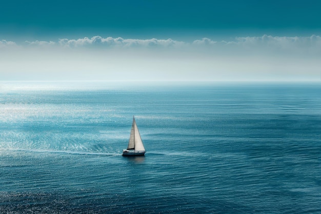 Photo a single sailboat glides gracefully through the vast expanse of the ocean on a calm day a lone sailboat bobbing in the vast expanse of ocean