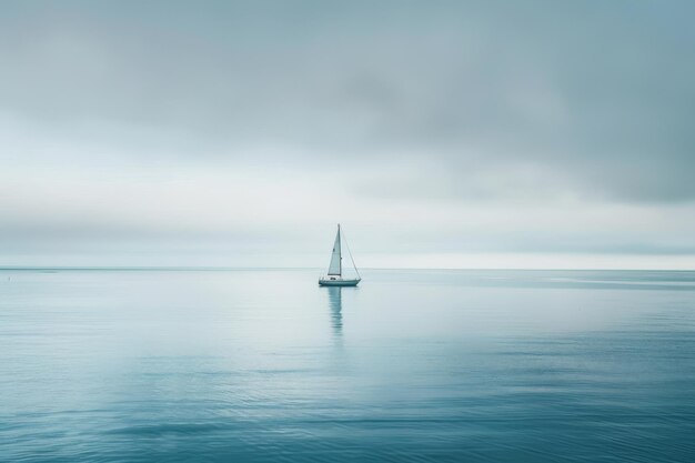 Photo a single sailboat peacefully navigates the calm topaz waters on a cloudy day a serene seascape with a lone sailboat floating on a calm white ocean