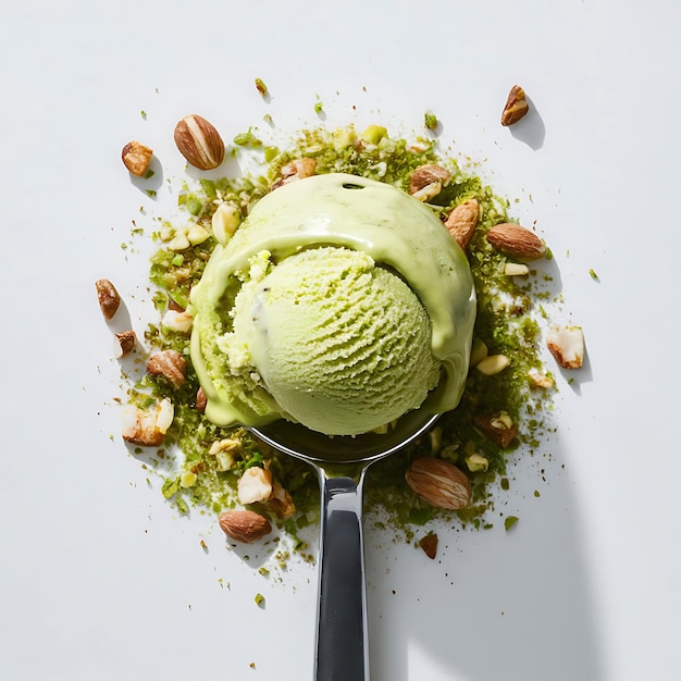 Photo a single scoop of pistachio ice cream with crushed nuts isolated on white