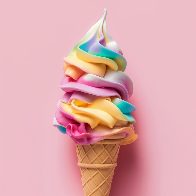 A Single Scoop of Unicorn Colored Ice Cream in a Cone Rainbow ice cream on colorful background