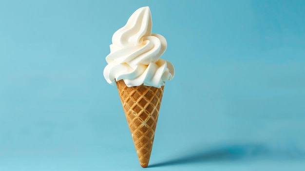 A single scoop of vanilla soft serve ice cream in a waffle cone against a light blue background