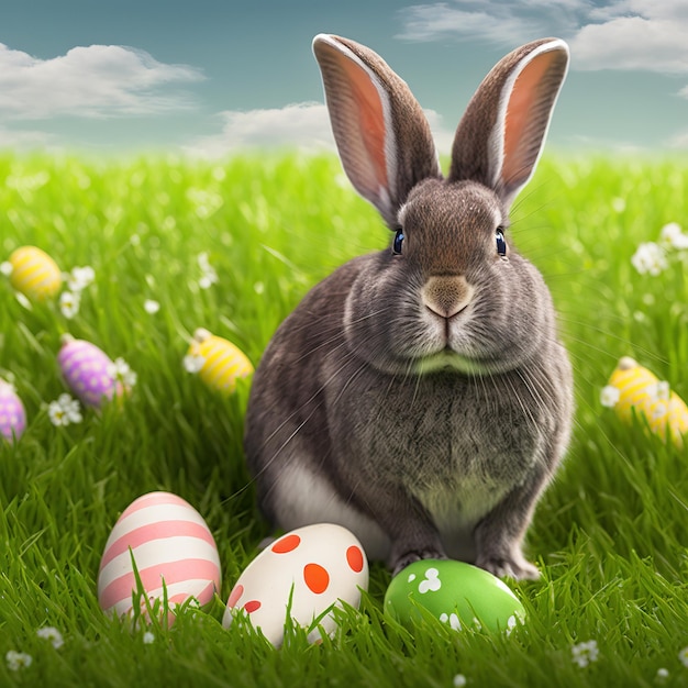 Single sedate furry american rabbit sitting on green grass with easter eggs