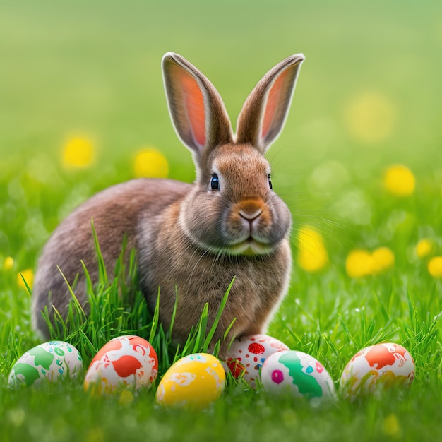 Single sedate furry american rabbit sitting on green grass with easter eggs