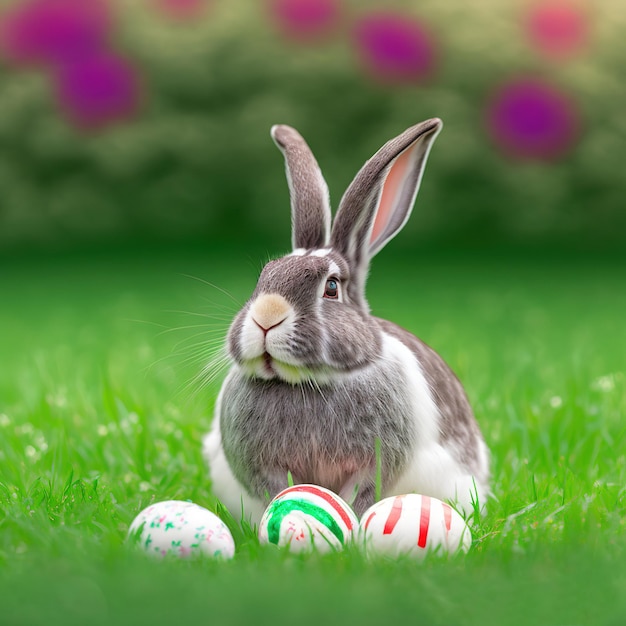 Single sedate furry Belgian rabbit sitting on green grass with easter eggs