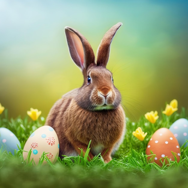 Single sedate furry Belgian rabbit sitting on green grass with easter eggs