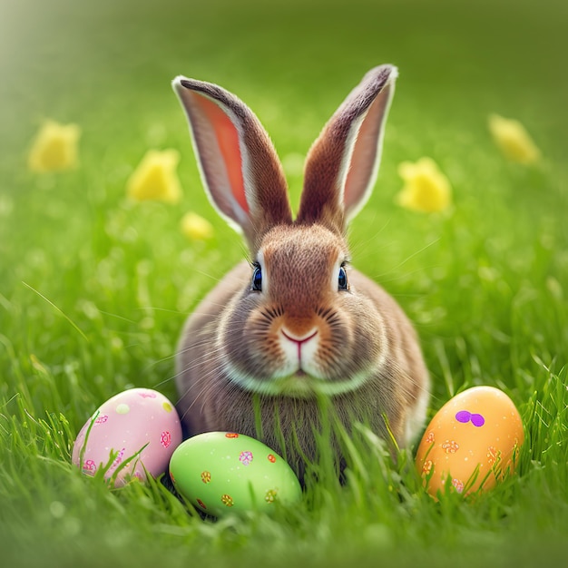 Single sedate furry Britannia rabbit sitting on green grass with easter eggs