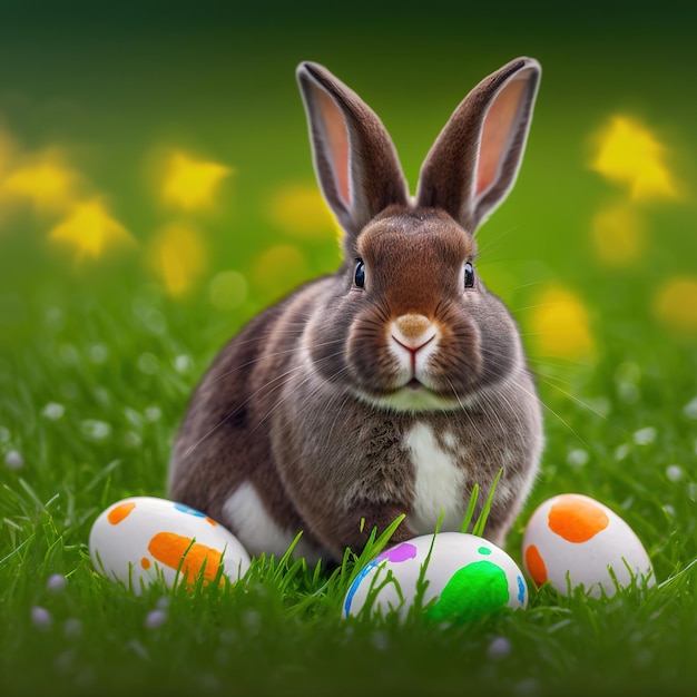 Single sedate furry Dutch rabbit sitting on green grass with easter eggs