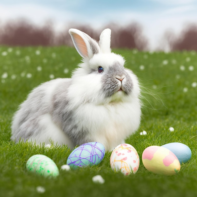 Single sedate furry English Angora rabbit sitting on green grass with easter egg