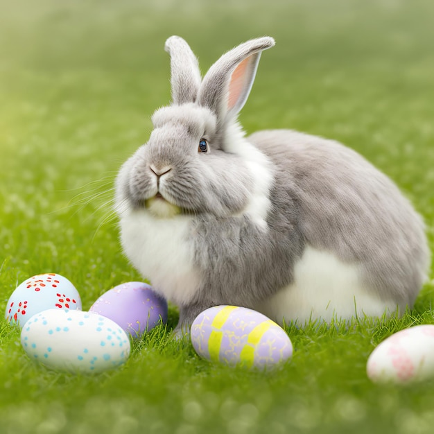 Single sedate furry English Angora rabbit sitting on green grass with easter egg