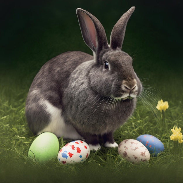 Single sedate furry English Spot rabbit sitting on green grass with easter eggs