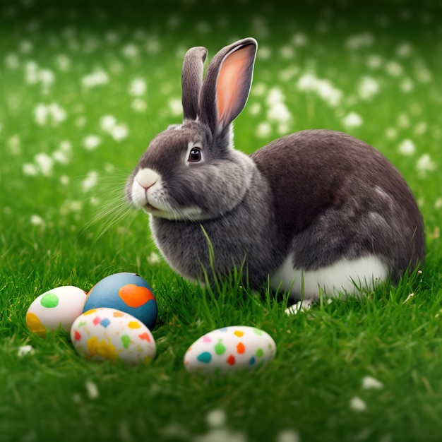 Single sedate furry English Spot rabbit sitting on green grass with easter eggs