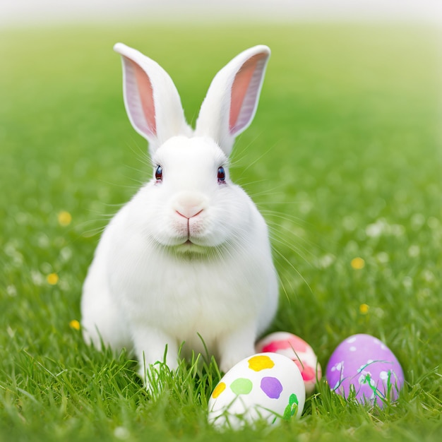 Single sedate furry Florida White rabbit sitting on green grass with easter eggs