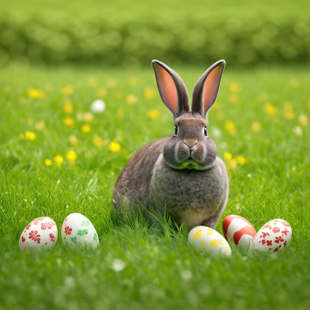 Single sedate furry Giant Chinchilla rabbit on green grass with easter eggs