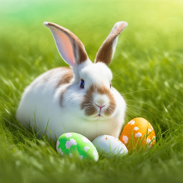 Single sedate furry Hotot rabbit sitting on green grass with easter eggs