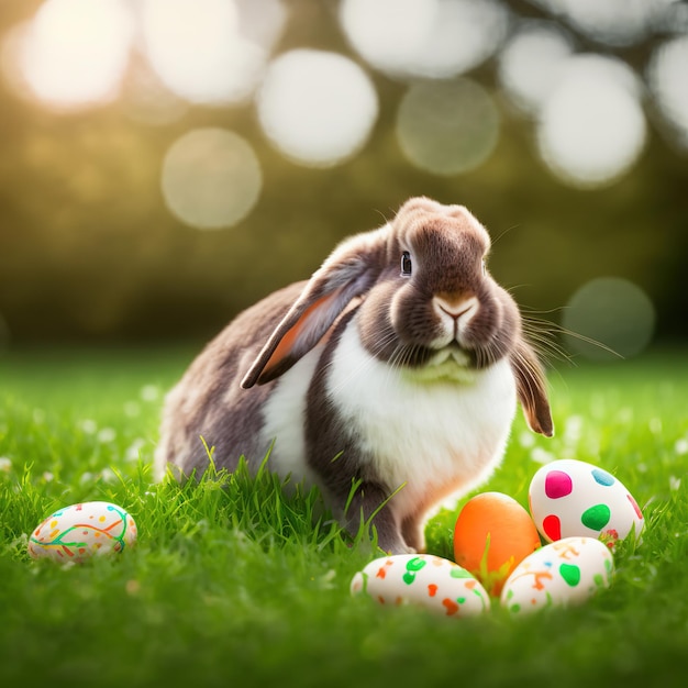 Single sedate furry Mini Lop rabbit sitting on green grass with easter eggs