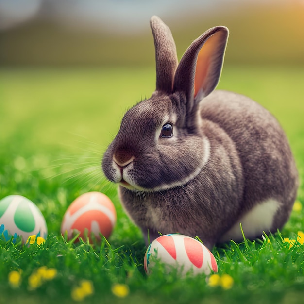 Single sedate furry Mini Rex rabbit sitting on green grass with easter eggs