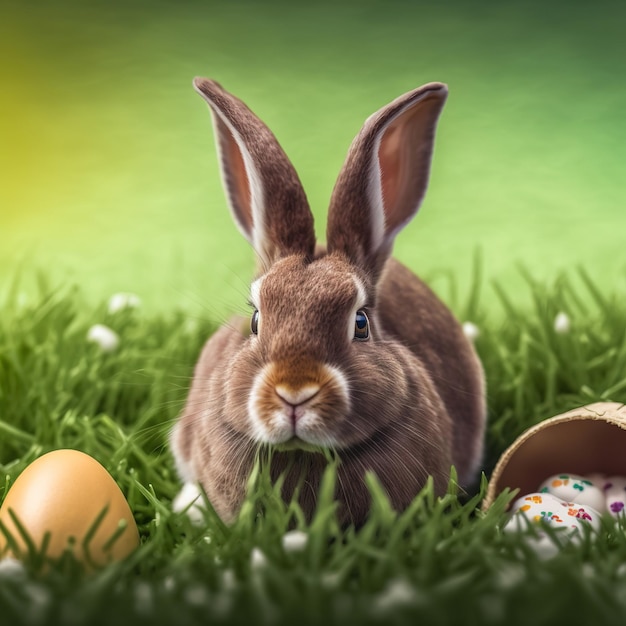 Single sedate furry New Zealand rabbit sitting on green grass with easter eggs