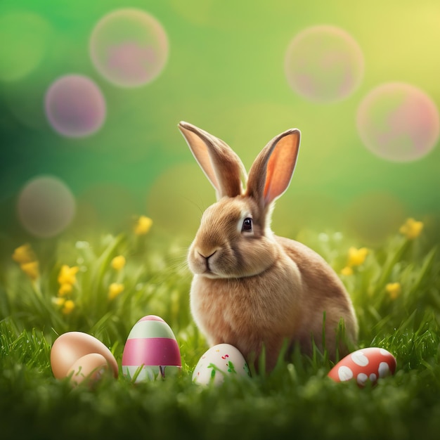 Single sedate furry Palomino rabbit sitting on green grass with easter eggs